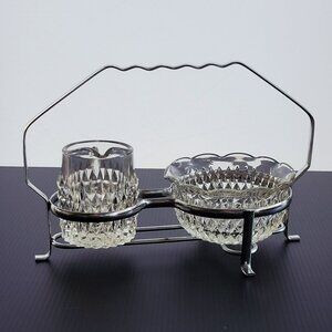 Vintage Cut Glass Cream & Sugar Caddy Set, Diamond Pattern, Chrome Holder, Colle